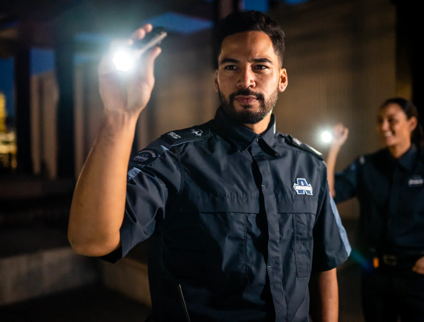 A midnight inspection by two mobile security guards